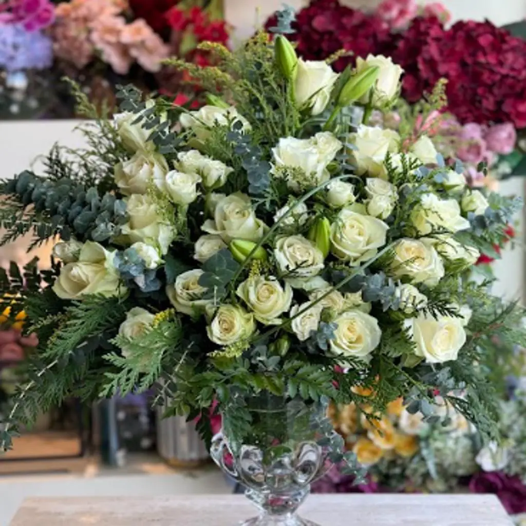 Vase with Natural White & Green Roses